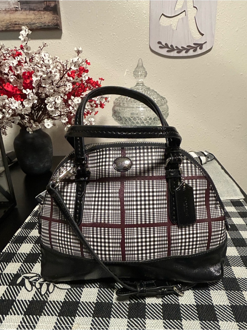 Coach❤️Peyton Glen Plaid Cora Small Satchel in Black & Burgundy with Patent Trim